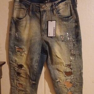 Rue21 Distressed Blue and Tan Skinny Jeans